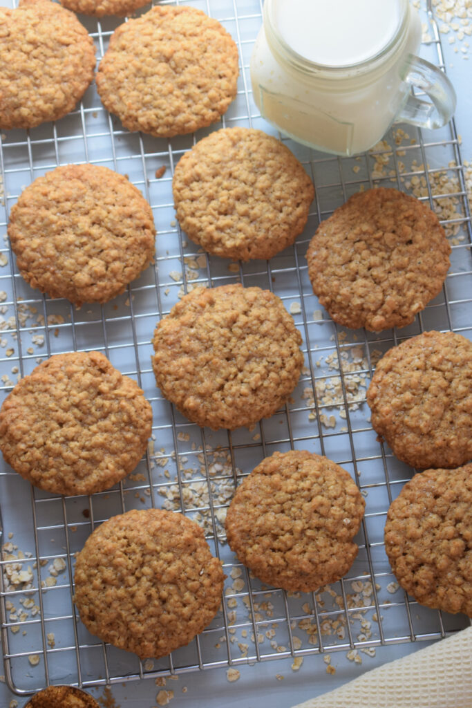 Brown sugar oatmeal cookies on a tray.