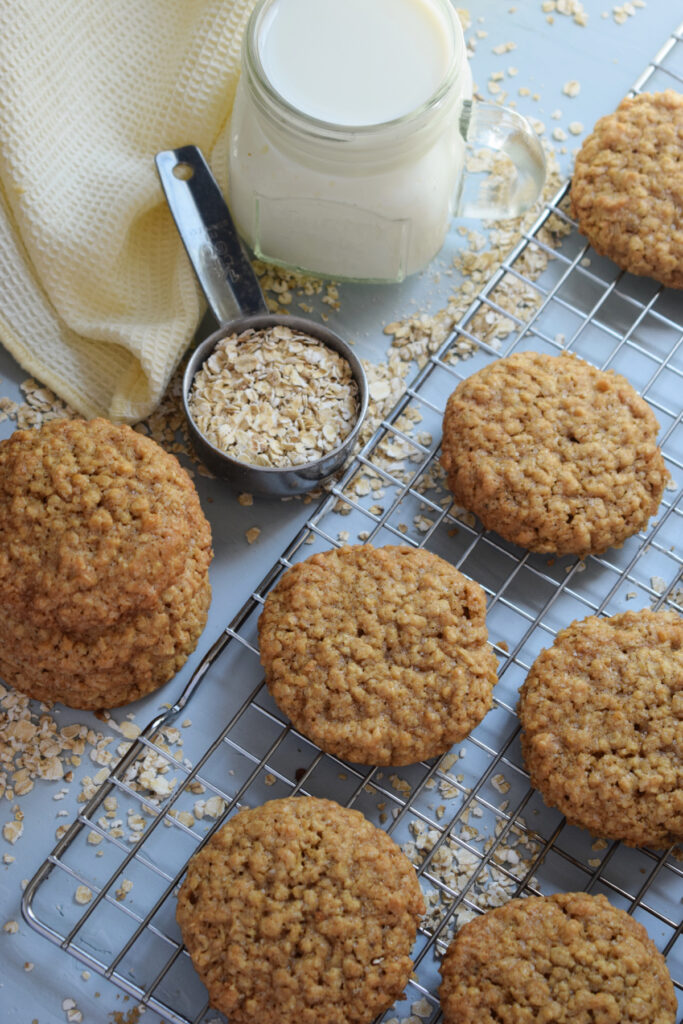 Oatmeal cookies and a glass of milk.