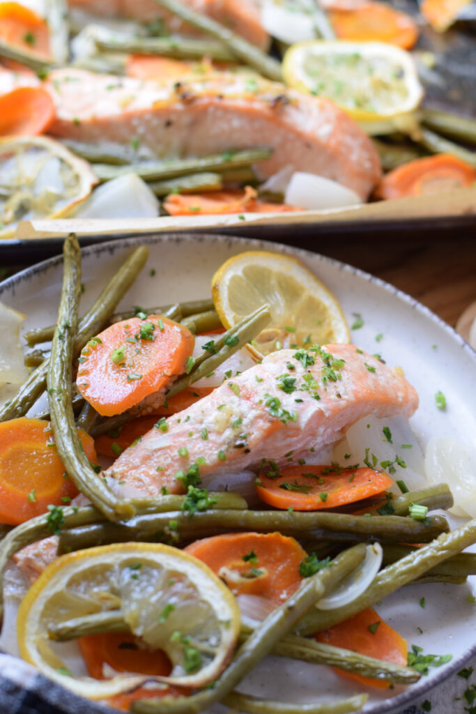 Close up of salmon and vegetables on a plate