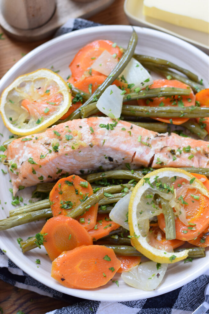 Salmon and vegetables on a plate.