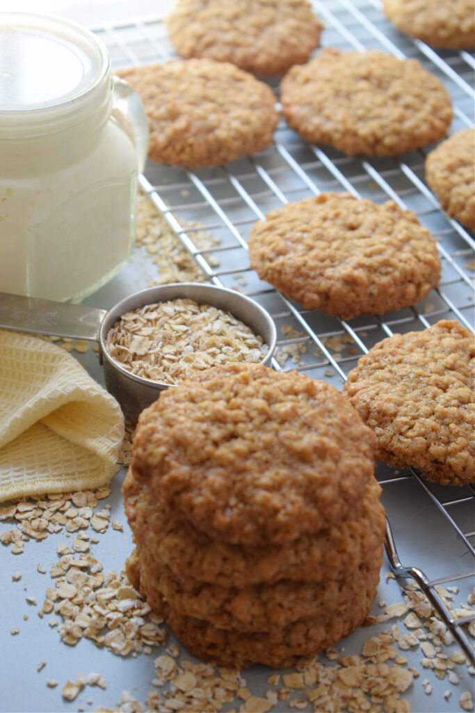 Brown sugar oatmeal cookies on a tray.