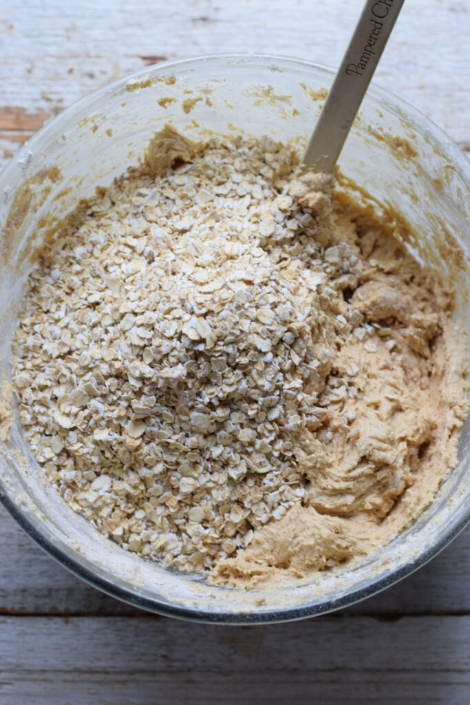 Stir in oats to cookie batter.