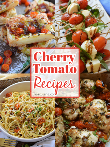 Photo collage of cherry tomato recipes.