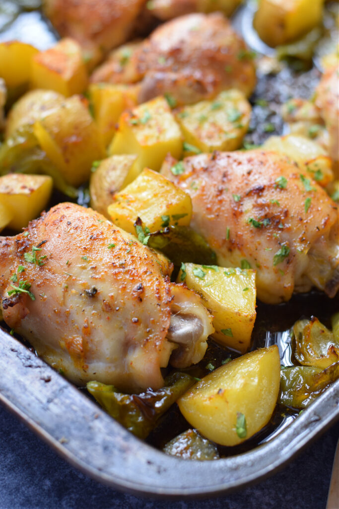 Close up of Cajun chicken dinner.