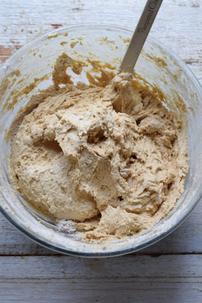 Cookie dough in a glass bowl.