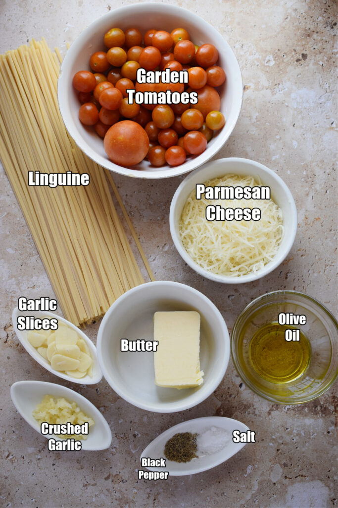 Ingredients to make roasted cherry tomato pasta.