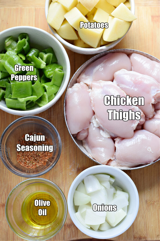 Ingredients to make one pan Cajun chicken dinner.