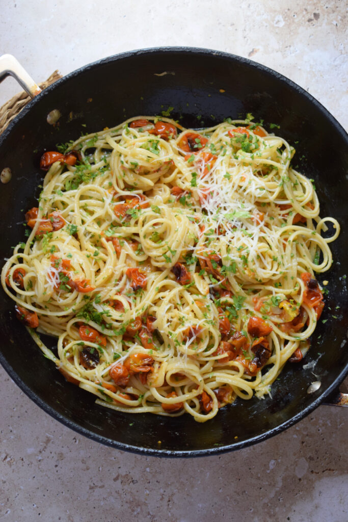 Roasted cherry tomato pasta dish.