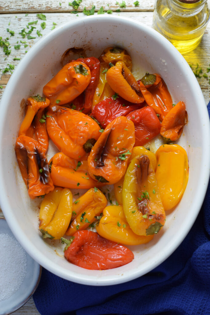 Roasted Sweet Mini Peppers in a white dish.