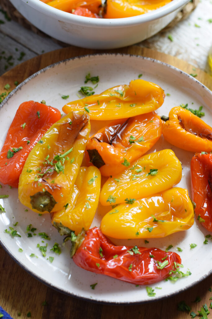 Close up of roasted sweet mini peppers.