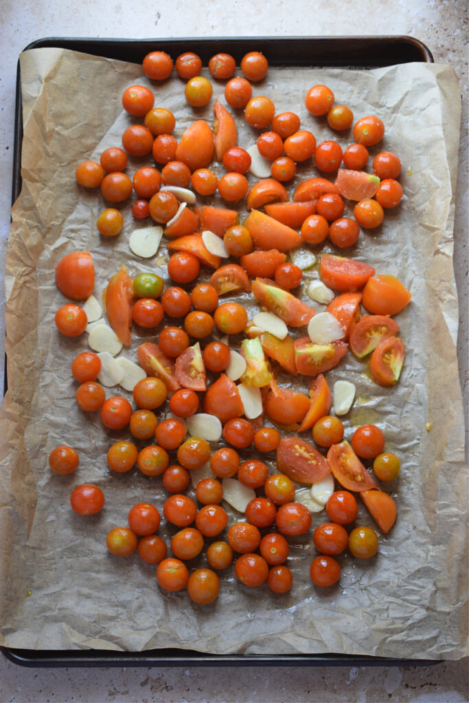 Tomatoes on a large baking tray.