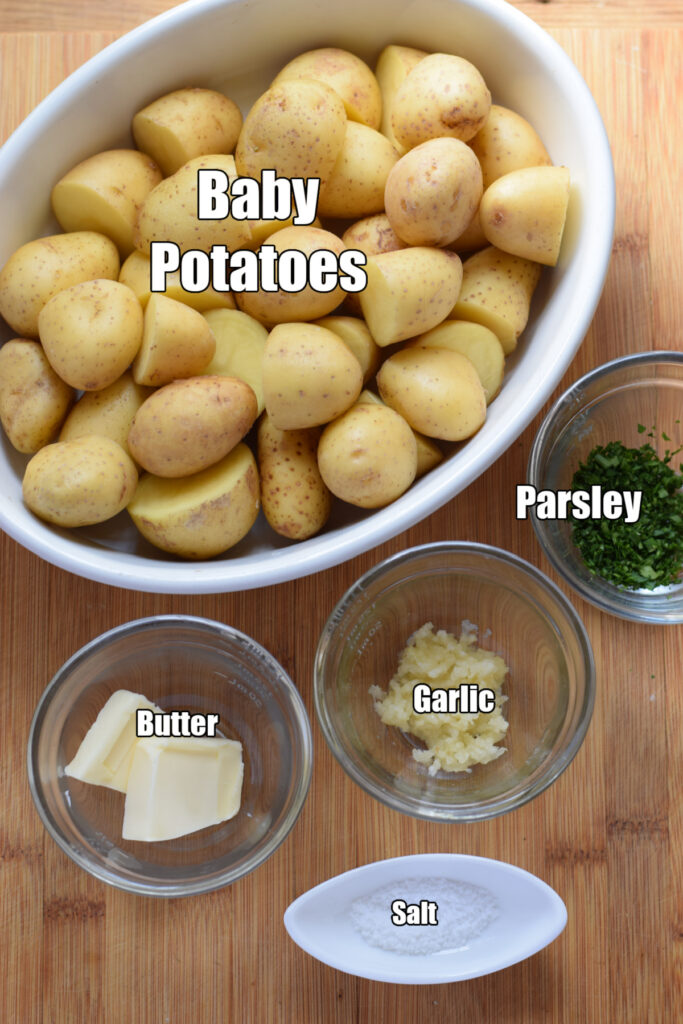 Ingredients to make garlic butter roasted potatoes.