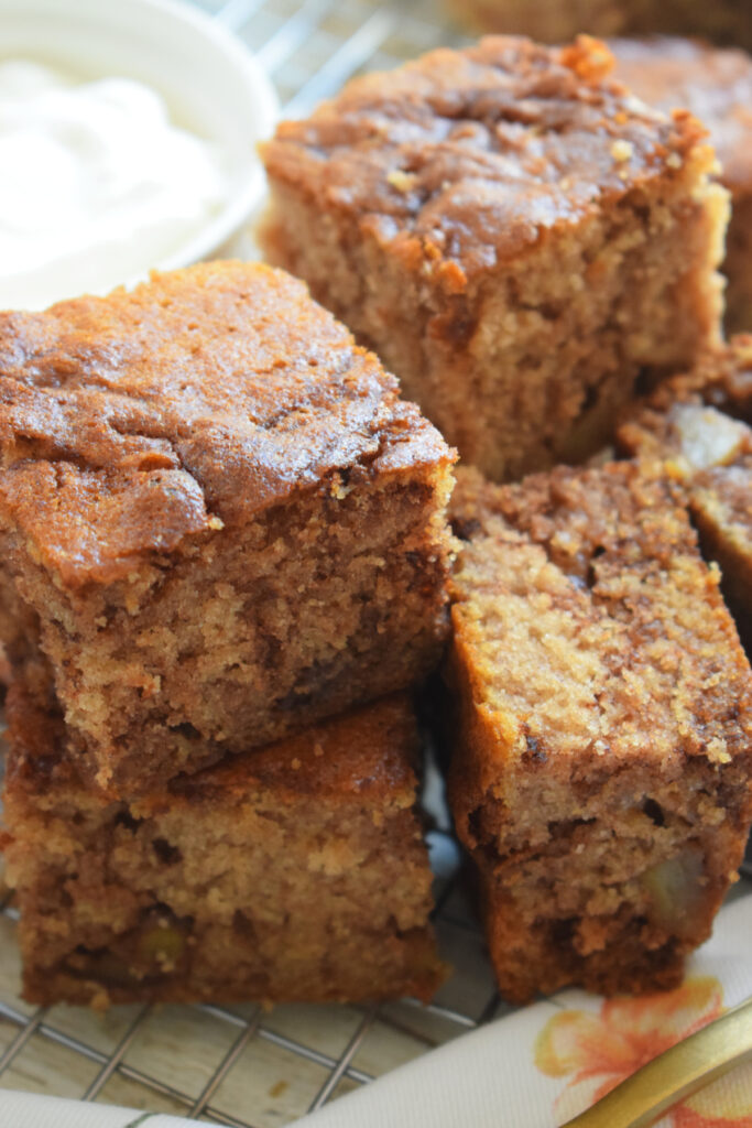 Close up of apple spice cake squares.