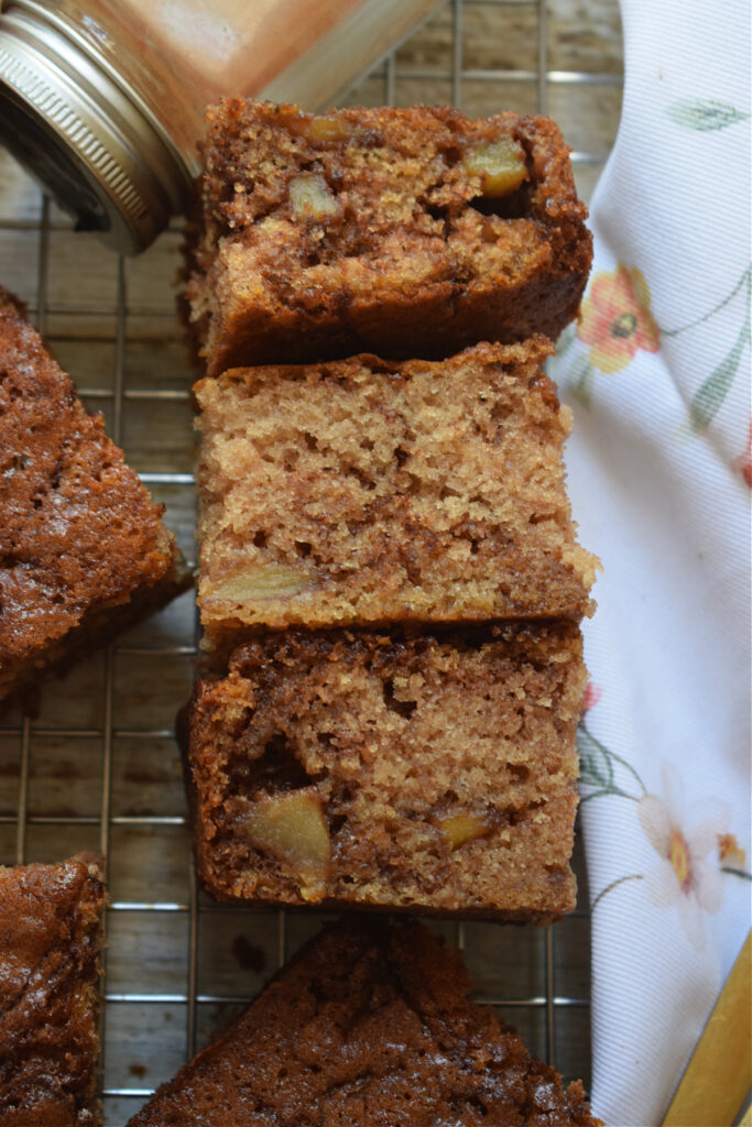 Close up of apple cake squares.