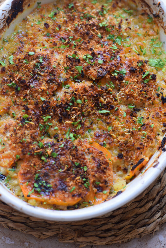 Close up of sweet potato baked casserole.