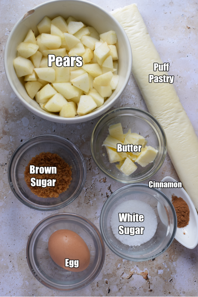 Ingredients to make caramelized pear turnovers.