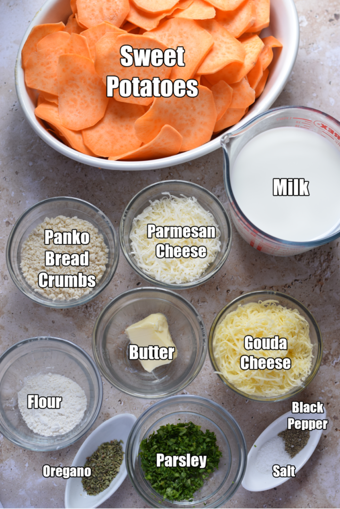 Ingredients to make sweet potato gratin.