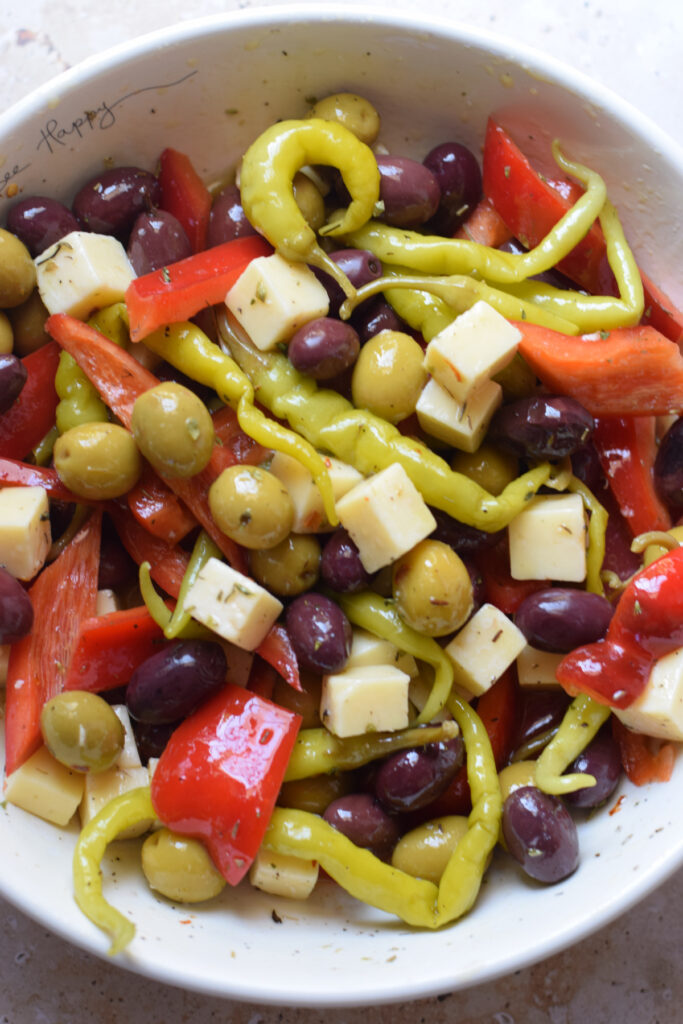 Marinated olives and cheese.