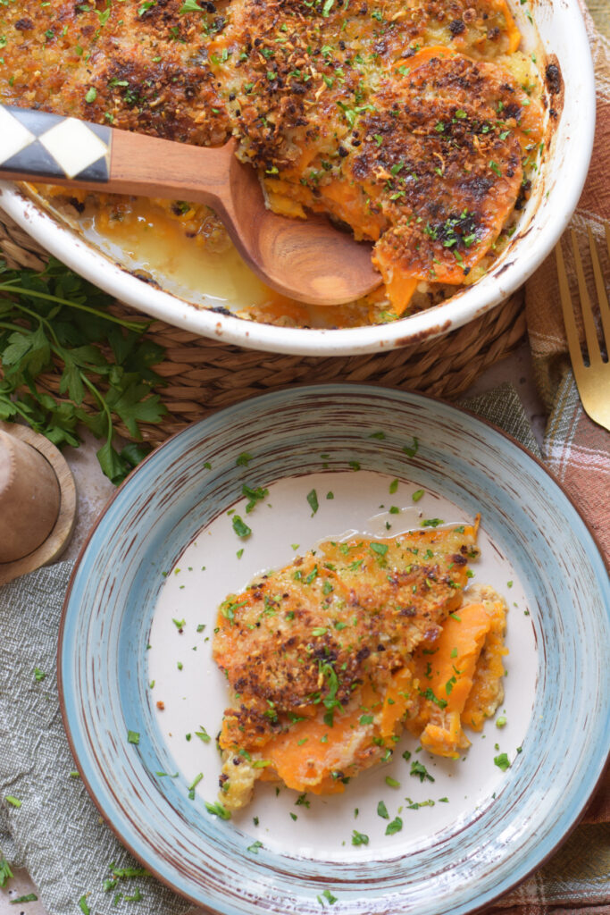 Sweet potato casserole on a serving plate.