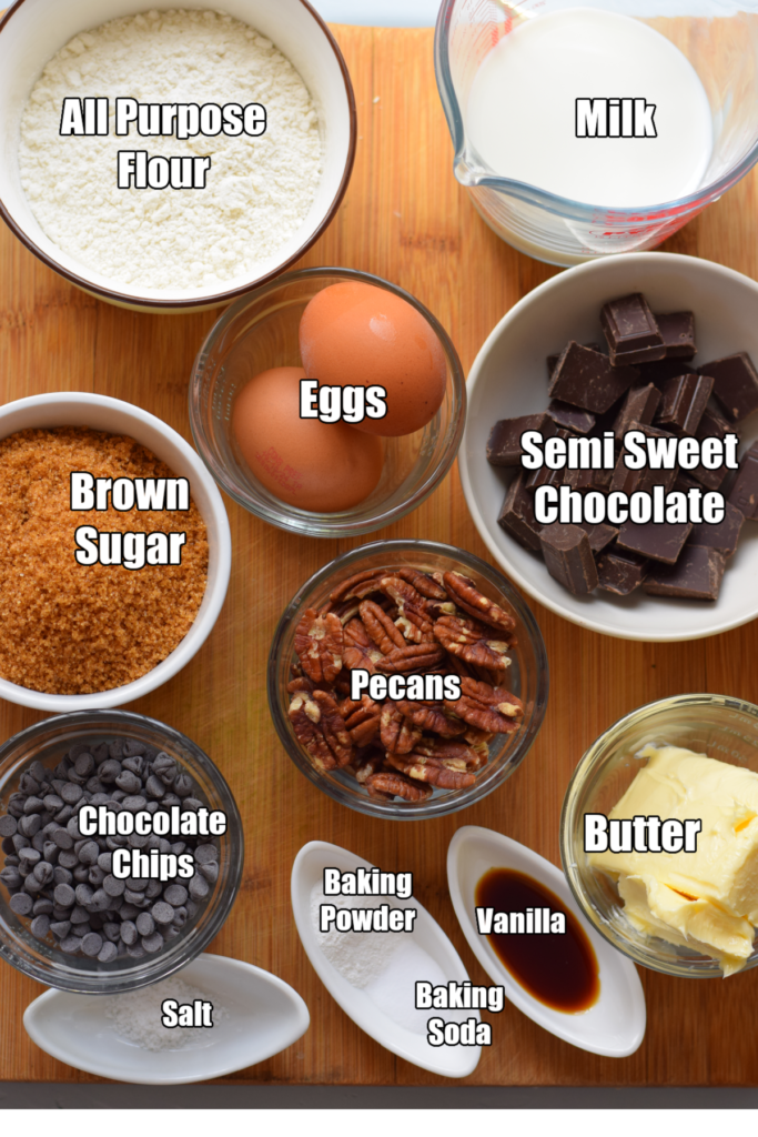 Ingredients to make chocolate chip pecan muffins.