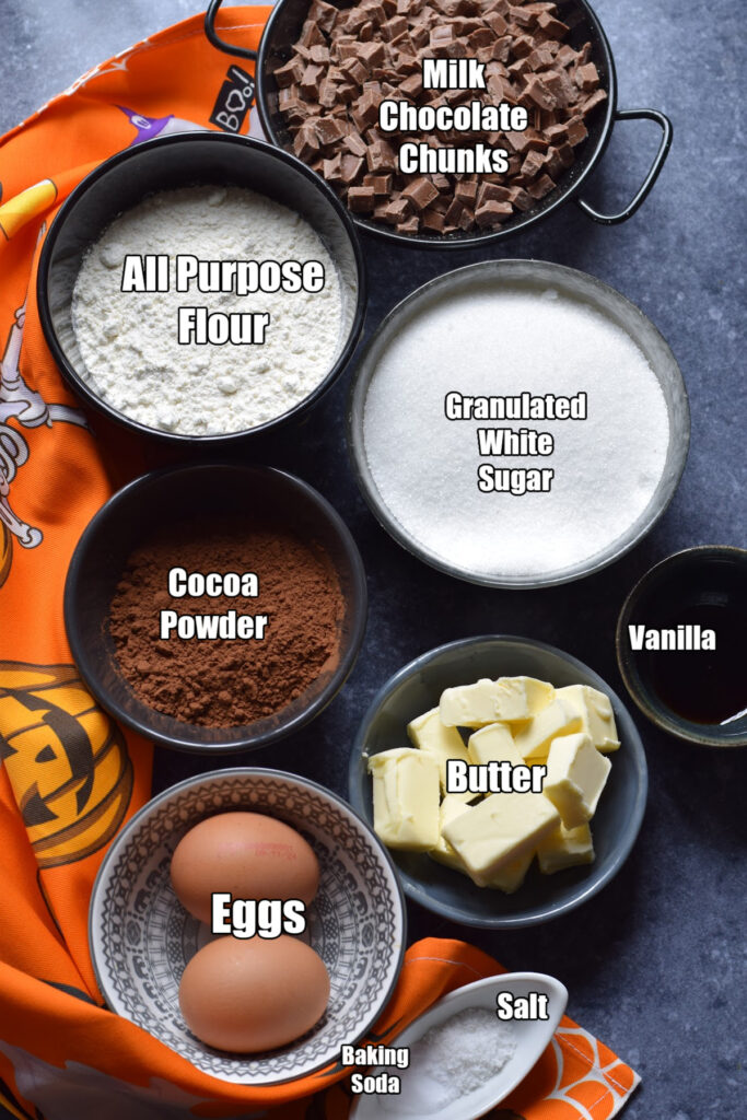 Ingredients ot make double chocolate halloween cookies.