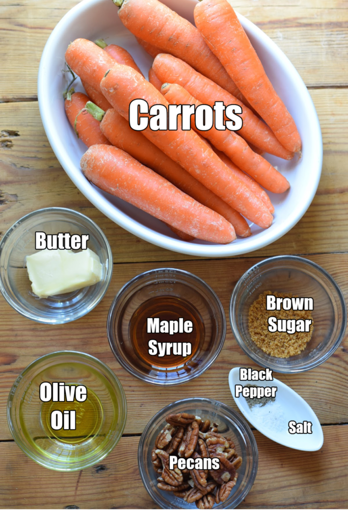 Ingredients to make roasted carrots with maple syrup.