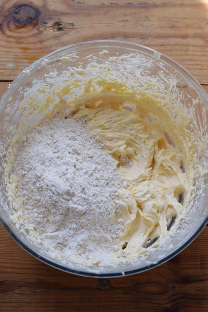 Making muffin batter in a glass bowl.