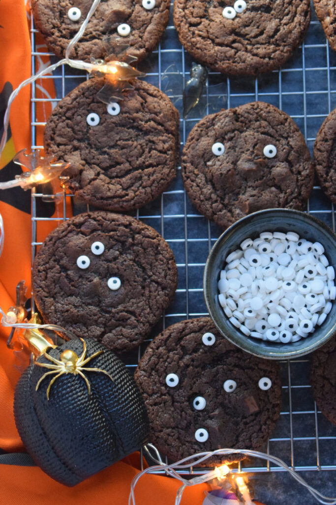 Chocolate monster cookies with decorations.