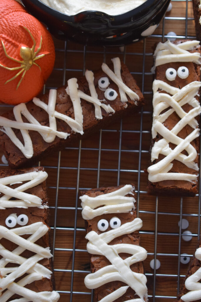 Close up of chocolate mummy brownies.