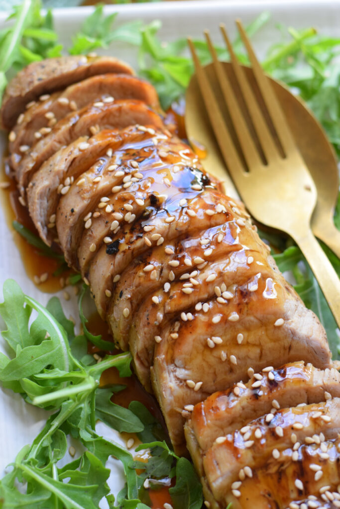 Close up of soy glazed pork tenderloin