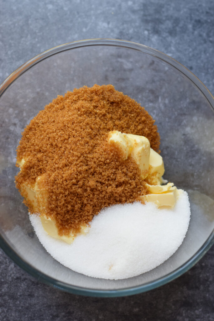 butter and sugar in a glass bowl.