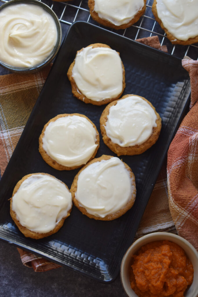 Pumpkin cookies with cream cheese frosting.