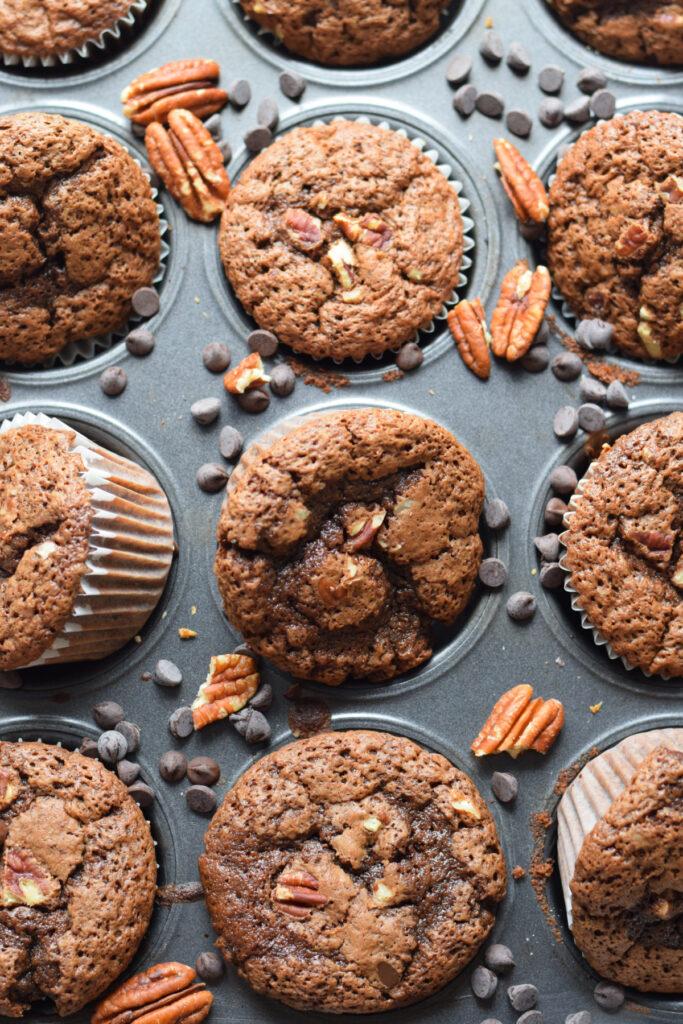 Chocolate chip muffins with pecans.