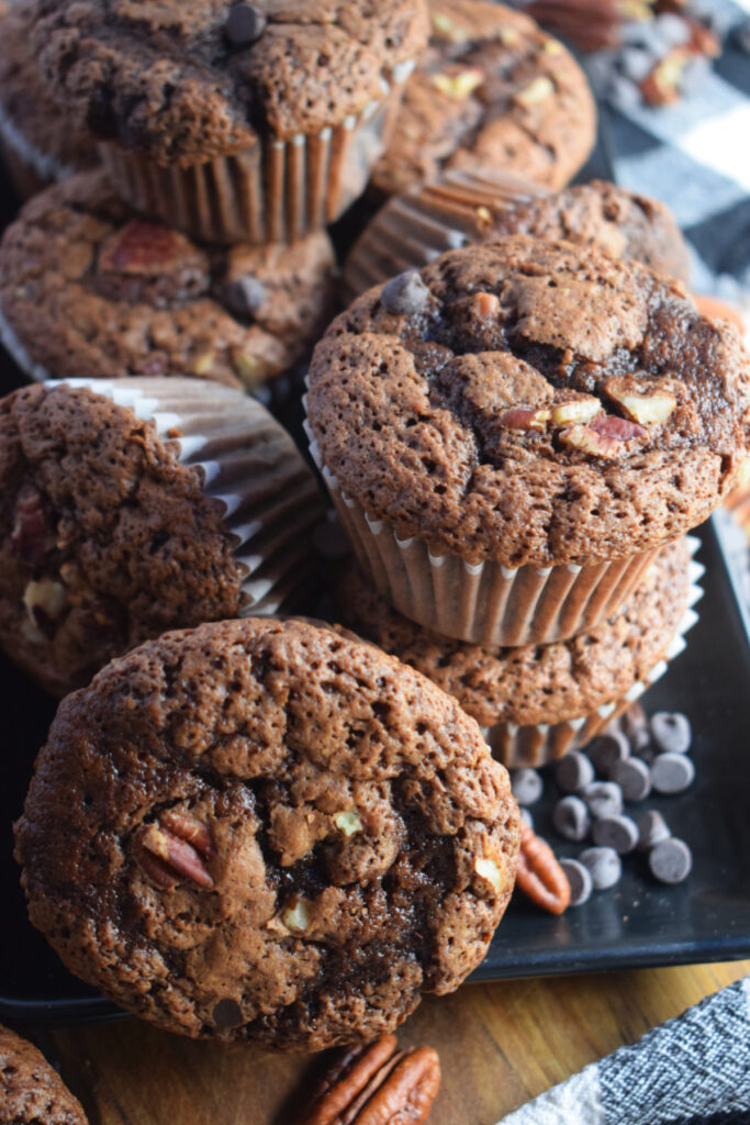 Close up of chocolate pecan muffins.