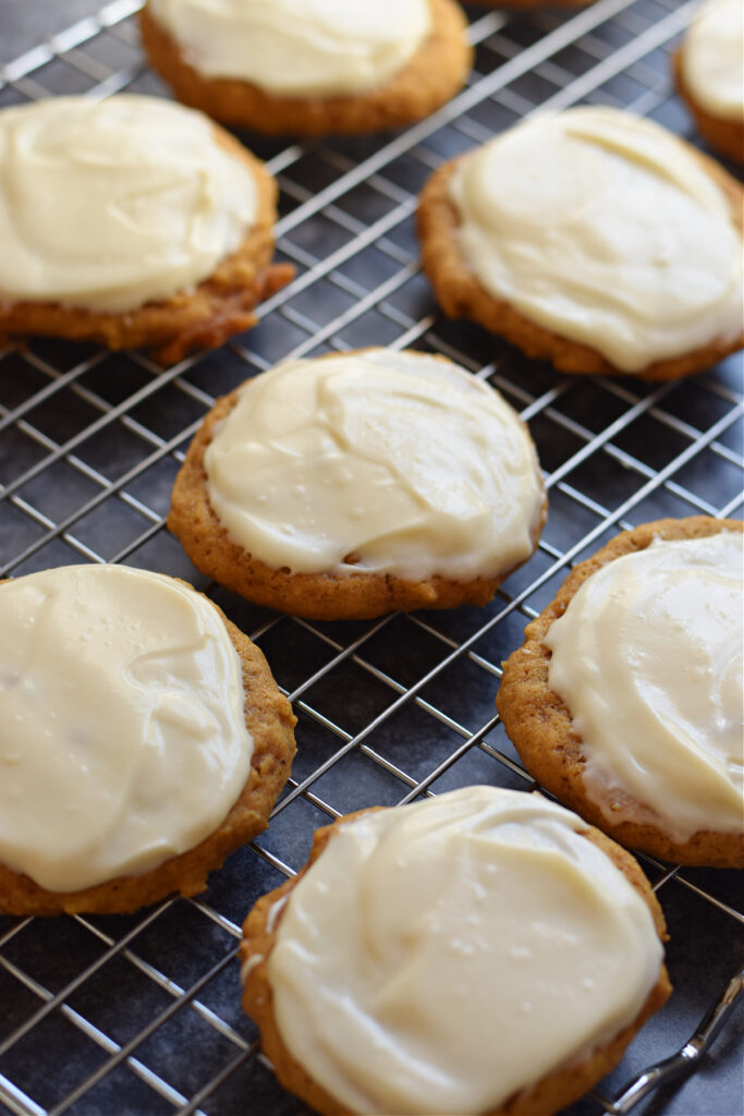 Frosted pumpkin cookies.