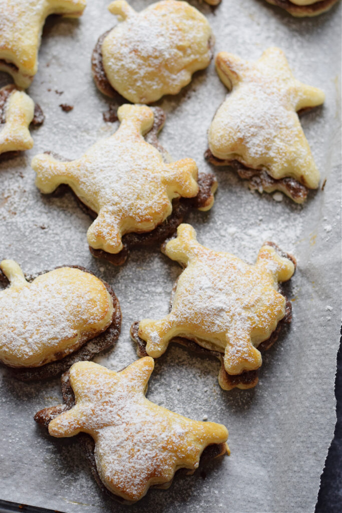 Close up of Halloween puff pastry shapes.