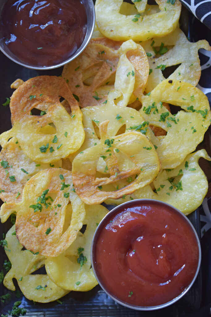 Halloween potatoes with dipping sauces.