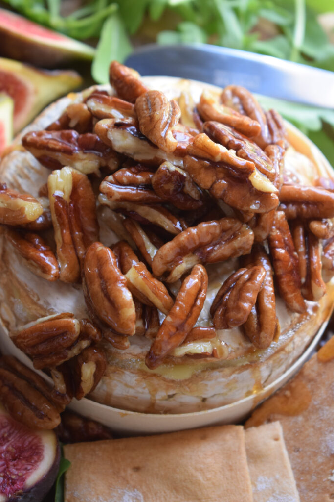 Close up of maple and pecan baked brie.