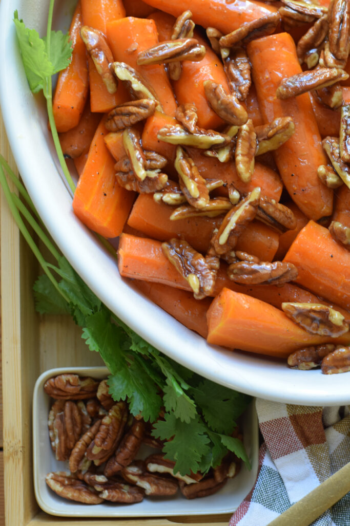 Close up of maple pecan carrots.