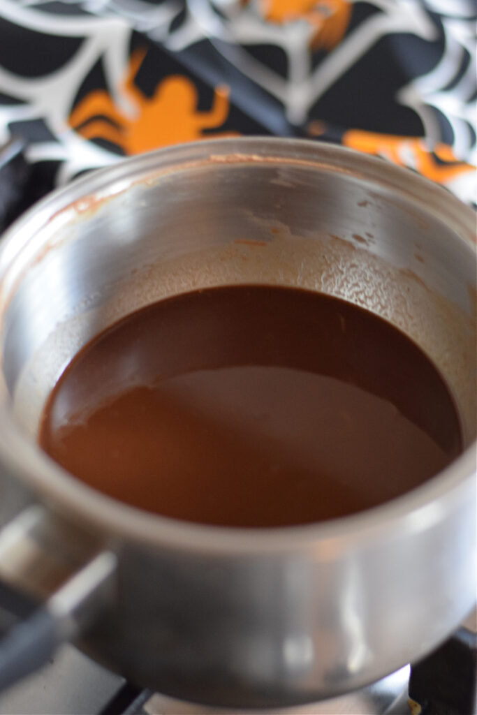 Melted chocolate and butter in a saucepan.