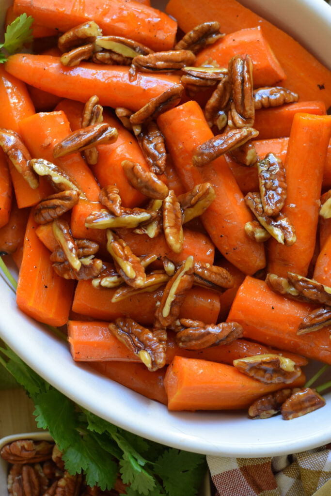 Maple pecan topped roasted carrots.