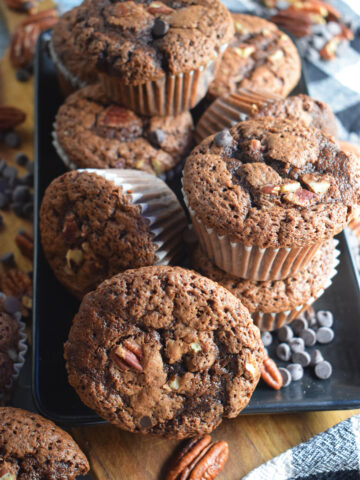 Close up of pecan chocolate chip muffins.