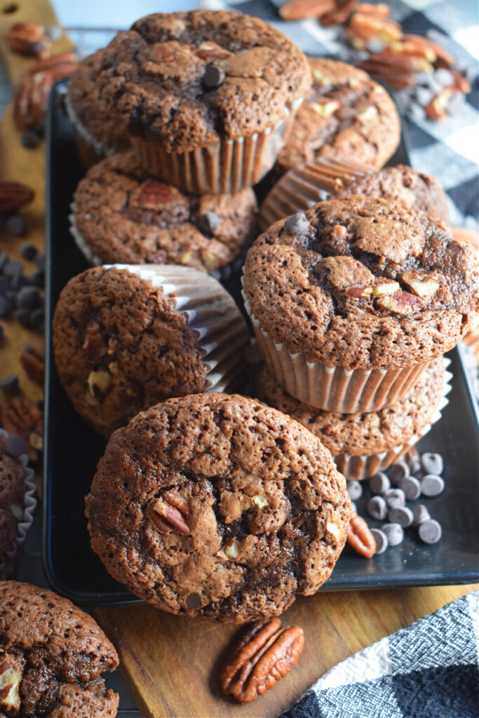 Close up of pecan chocolate chip muffins.