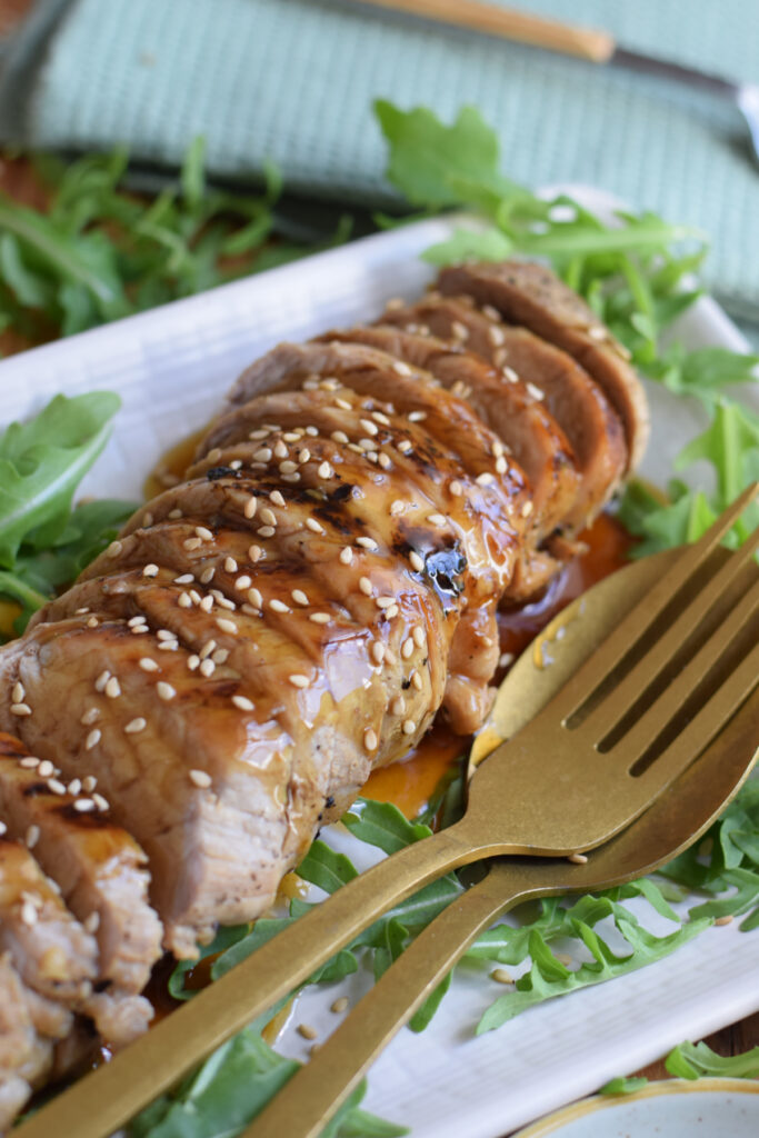 Soy and honey glazed pork tenderloin.