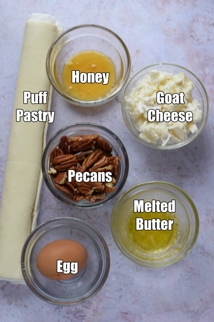 Ingredients to make puff pastry pecan and goat cheese appetizers.