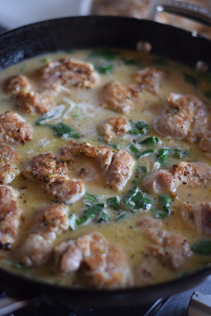 Making chicken and rice in a cast iron skillet.