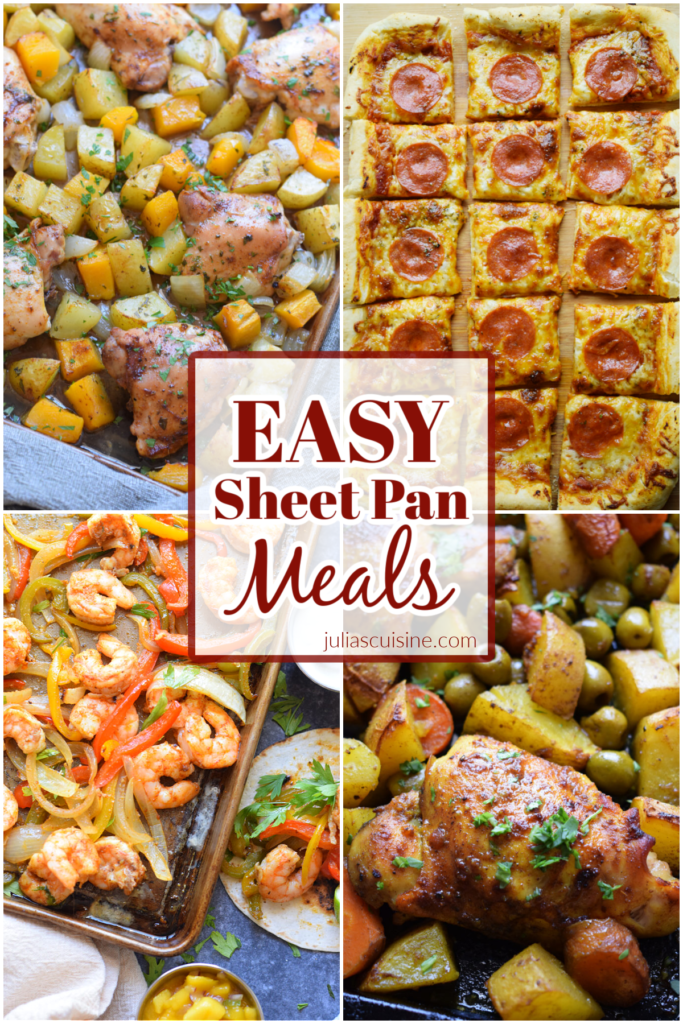 Photo collage of easy sheet pan meals.