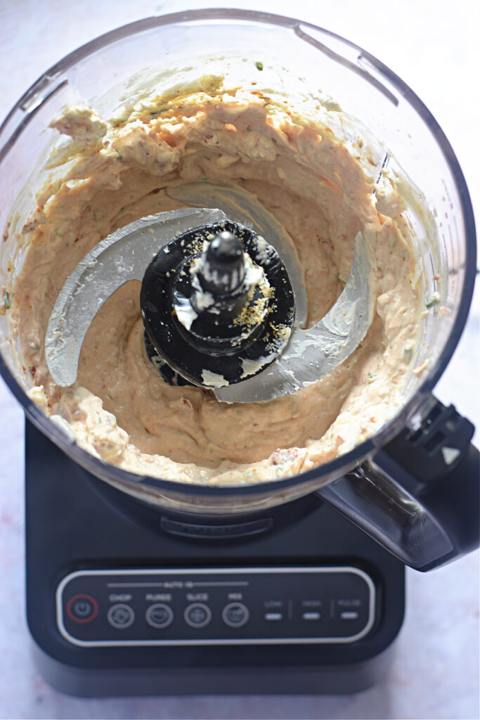 Blended dip in a food processor.