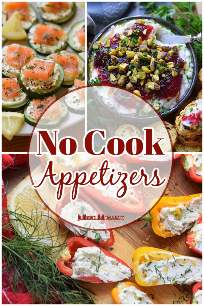 Photo collage of no cook appetizers.