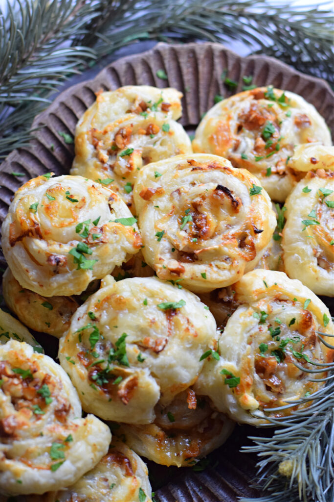 Close up of puff pastry goat cheese appetizer.